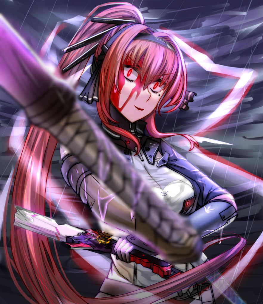 1girl 995080356 black_hairband blood blood_on_face bodysuit breasts commentary_request crazy_eyes crazy_smile hair_ornament hairband holding holding_polearm holding_sword holding_weapon lightning long_hair mechanical_arms medium_breasts polearm ponytail punishing:_gray_raven red_eyes red_hair sidelocks storm sword vera_(punishing:_gray_raven) very_long_hair weapon