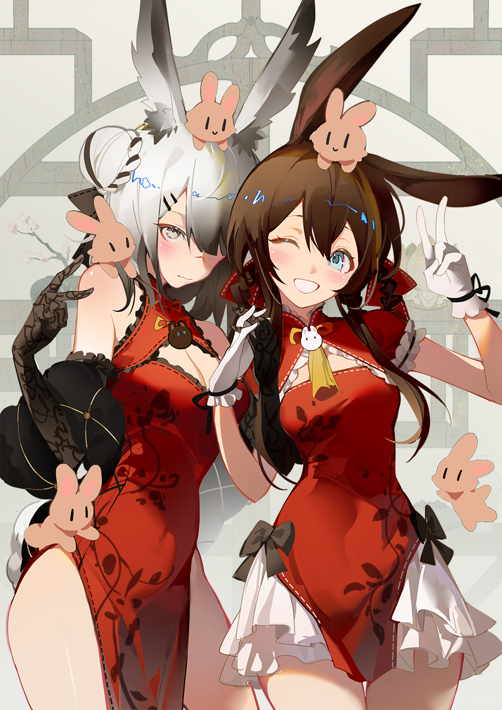 2girls ;d alternate_hairstyle amiya_(arknights) animal_ear_fluff animal_ears aqua_eyes arknights black_gloves blush braid breasts brown_hair china_dress chinese_clothes cleavage cleavage_cutout closed_mouth clothing_cutout covered_navel cowboy_shot dress elbow_gloves frilled_dress frills frostnova_(arknights) gloves grey_eyes grin hair_bun hair_over_one_eye highres indai_(3330425) long_hair looking_at_viewer multiple_girls official_alternate_costume one_eye_closed parted_lips pelvic_curtain photoshop_(medium) rabbit_ears red_dress single_braid single_side_bun sleeveless sleeveless_dress smile stuffed_animal stuffed_bunny stuffed_toy tassel v white_gloves