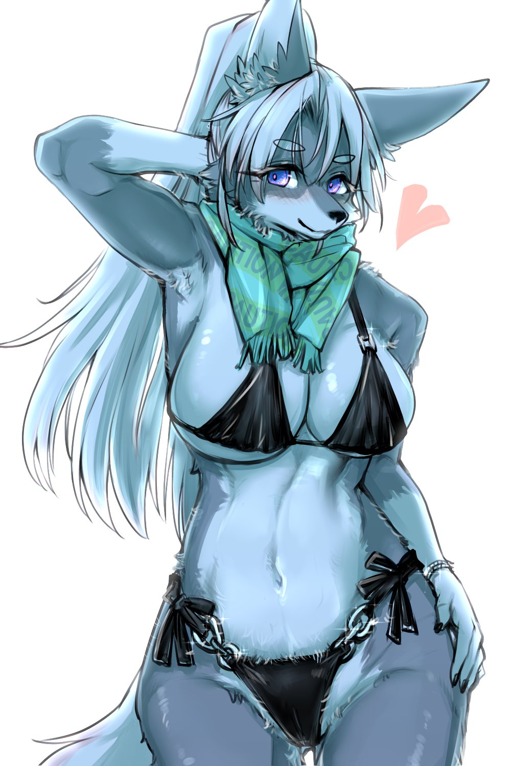 &lt;3 anthro big_breasts bikini black_bikini black_clothing black_nose black_swimwear bracelet breasts camel_toe canid canine canis cheek_tuft claws cleavage clothed clothing digital_media_(artwork) eyelashes facial_tuft female female_anthro fingers fur green_scarf grey_body grey_fur hair hand_behind_head hand_on_hip hi_res huge_breasts inner_ear_fluff jewelry kemono long_hair looking_at_viewer mammal multicolored_body multicolored_fur navel okami_bark ookamiwaho ponytail purple_eyes scarf side_boob silver_bracelet simple_background smile solo standing swimwear tail tuft two_tone_body two_tone_fur white_body white_fur white_hair wolf