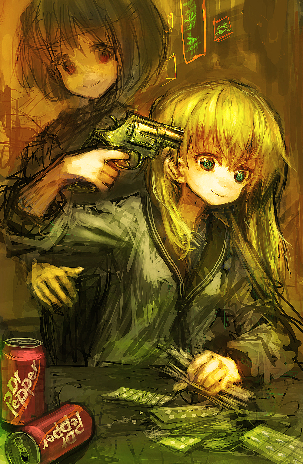 2girls blonde_hair can dr_pepper drugs gun gun_to_head highres holding holding_gun holding_weapon lm7_(op-center) multiple_girls neon_lights original pill revolver short_hair sign smile soda_can suicide table weapon