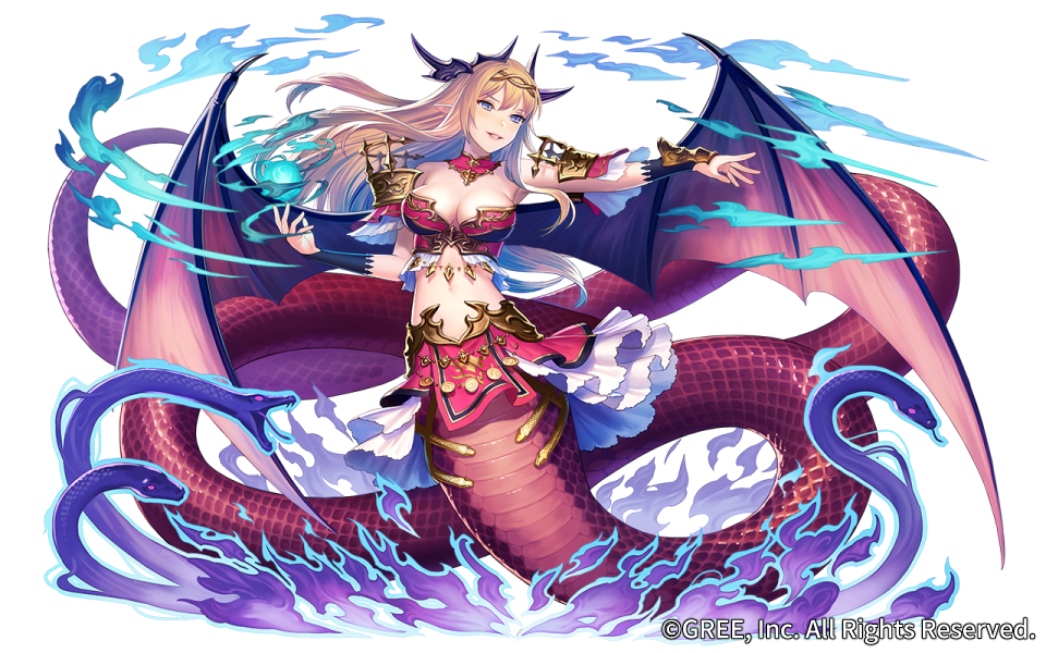 1girl bat_wings blonde_hair blue_eyes breasts cleavage esukee full_body lamia monster_girl official_art outstretched_arm pointy_ears seisen_cerberus simple_background skirt snake solo transparent_background wings