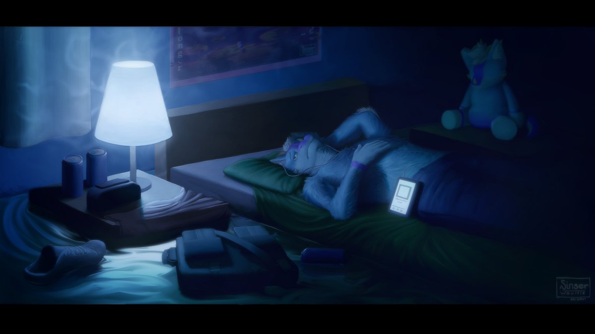 alarm_clock anthro bag bangs bed bedroom blue_body blue_fur can cellphone clock clothing colored container curtains digital_drawing_(artwork) digital_media_(artwork) dragon floating floating_on_water fluffy footwear fur furniture hand_on_head hand_on_stomach horn lamp_shade light light_fixture lighting male night phone pillow plushie sad shaded shirtless shoes sinser smartphone solo water