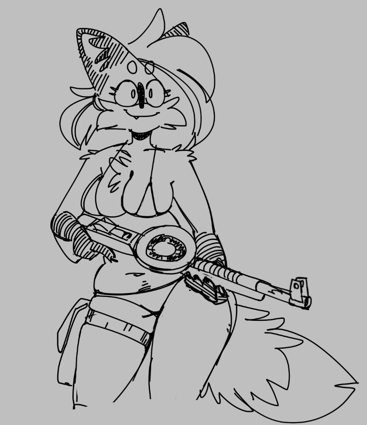american_180 anthro bikini canid canine clothing cute_fangs female fox gun looking_at_viewer mammal monochrome pepper_(sketchytoasty) ranged_weapon shoulder_tuft simple_background sketchytoasty smile smiling_at_viewer solo submachine_gun swimwear thigh_strap tuft weapon