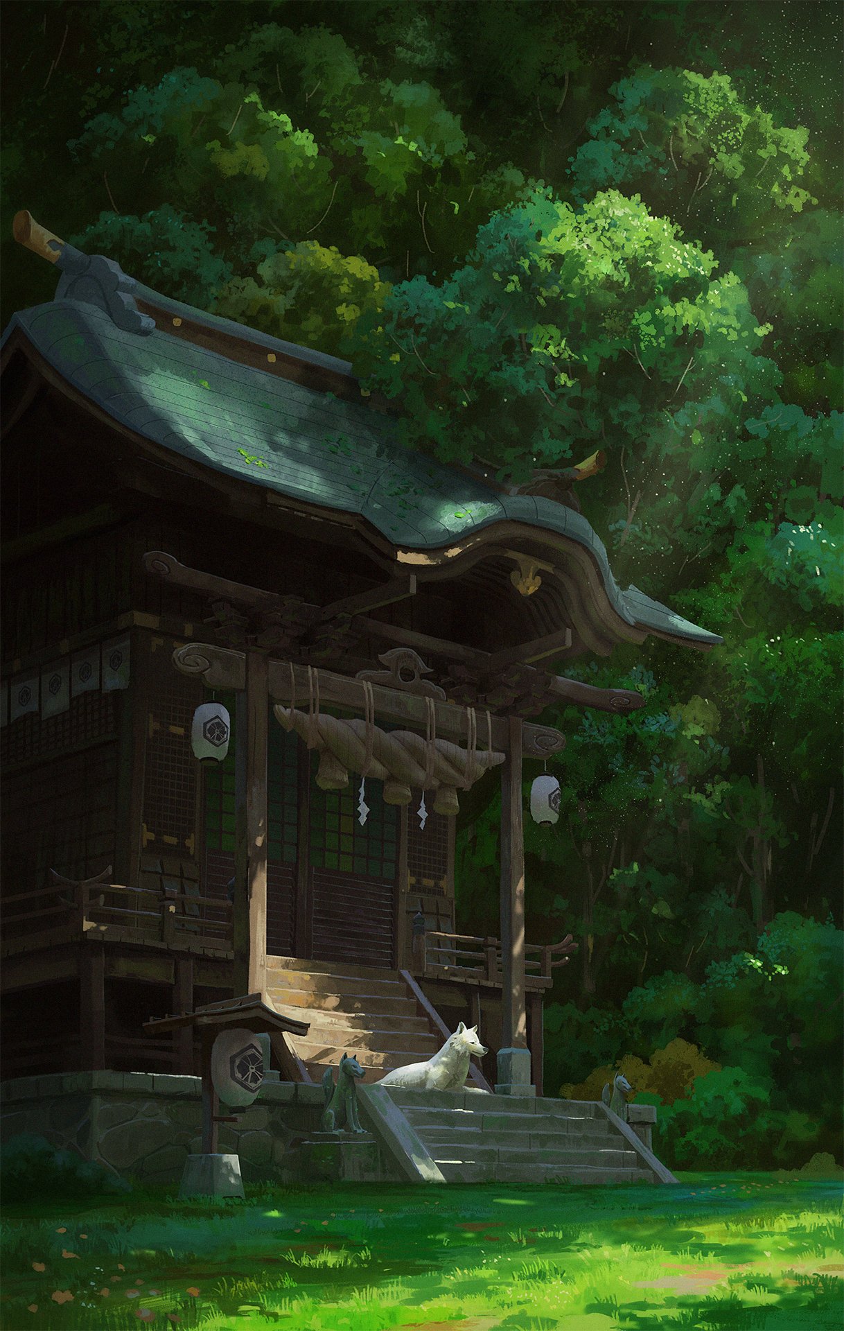 architecture commentary cyclecircle day east_asian_architecture english_commentary flower forest grass highres lantern light_rays nature no_humans original outdoors paper_lantern rope scenery shade shide shimenawa shrine sliding_doors stairs statue sunlight tree white_wolf wolf yellow_flower