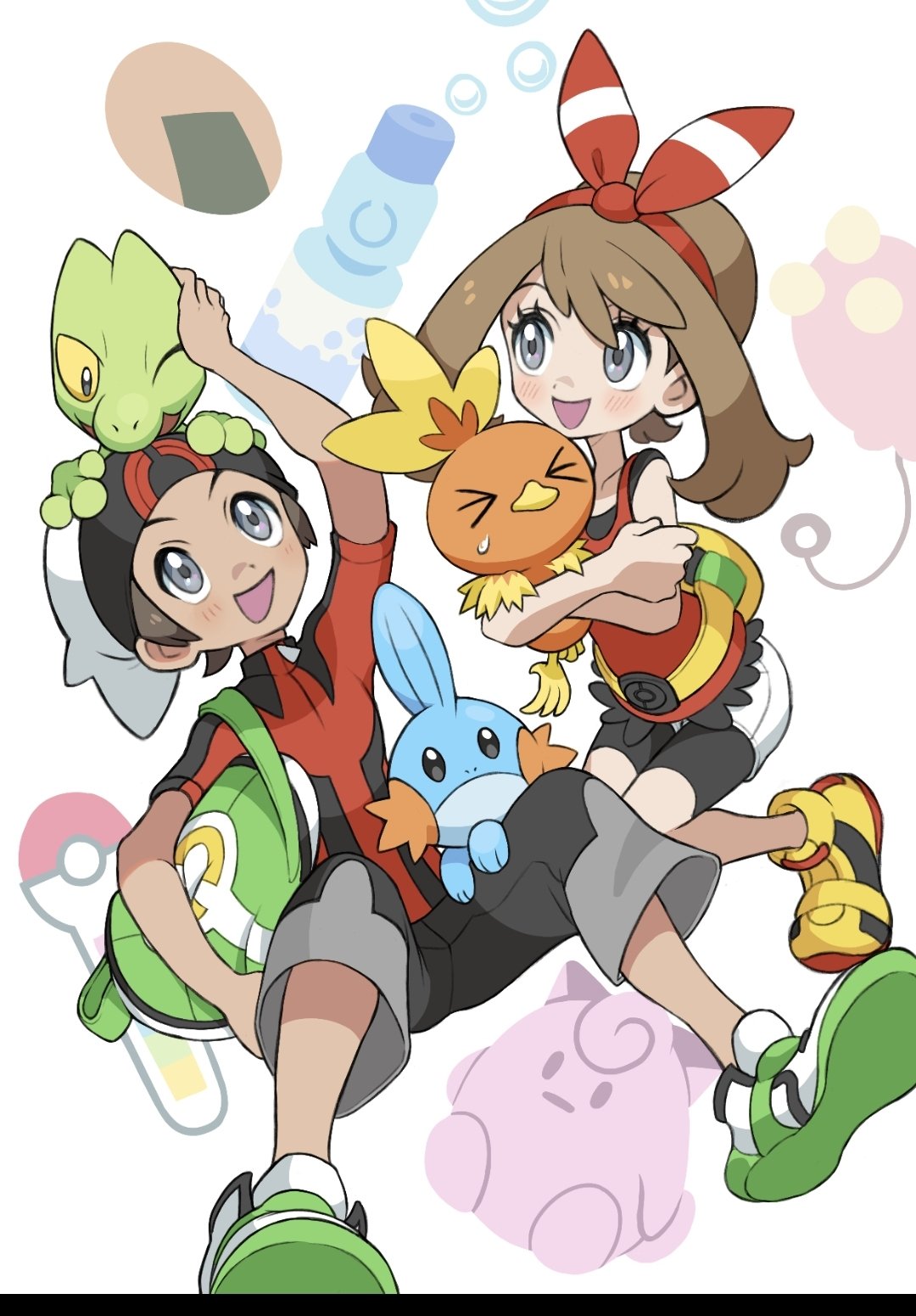 1boy 1girl :d backpack bag bangs beanie bike_shorts blush bow_hairband brendan_(pokemon) brown_hair capri_pants character_doll commentary eyelashes green_bag grey_eyes hairband hat highres holding holding_pokemon hyo_oppa may_(pokemon) mudkip open_mouth pants pokemon pokemon_(creature) pokemon_(game) pokemon_oras red_hairband red_shirt shirt shoes short_hair short_sleeves shorts sleeveless sleeveless_shirt smile starter_pokemon_trio torchic treecko white_footwear white_headwear white_shorts yellow_footwear