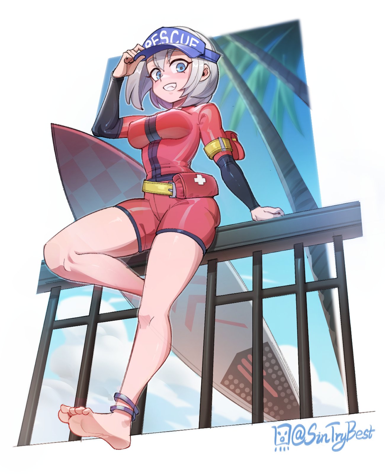 1girl anklet arm_up bangs barefoot blue_eyes blue_headwear blue_sky breasts clothes_writing cloud commentary commission english_commentary english_text from_below full_body grey_hair grin hair_between_eyes hand_on_headwear highres jacket jewelry long_sleeves looking_at_viewer looking_down medium_breasts original palm_tree red_jacket red_shorts short_shorts shorts sin_(sintrybest) sitting sky smile soles solo surfboard tree twitter_username visor_cap