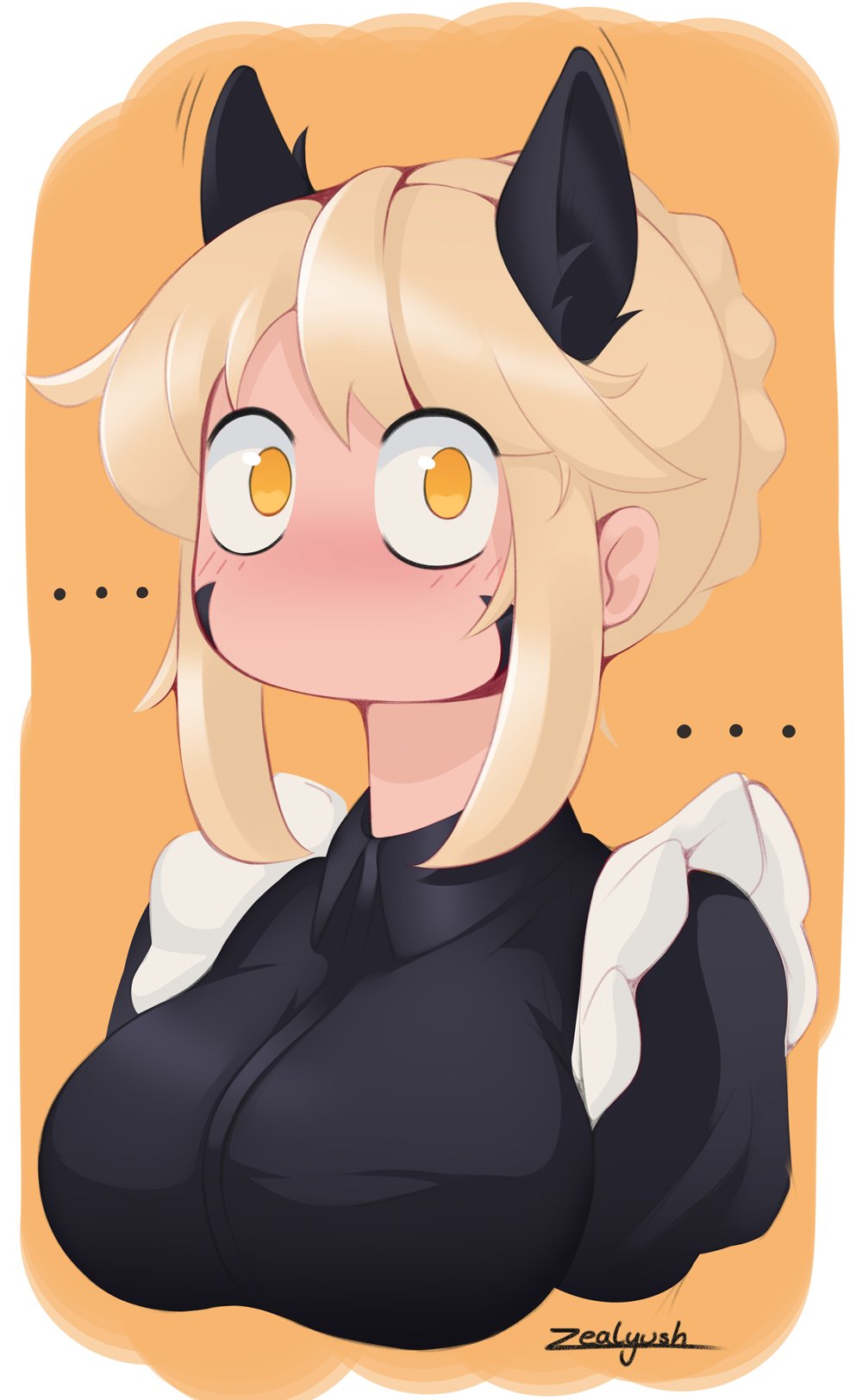 ... 1girl animal_ears artist_name artoria_pendragon_(fate) blonde_hair blush braid breasts cat_ears constricted_pupils facial_mark fate/grand_order fate_(series) french_braid highres komi-san_wa_komyushou_desu komi_shouko large_breasts looking_at_viewer saber_alter sidelocks solo yellow_eyes zealyush