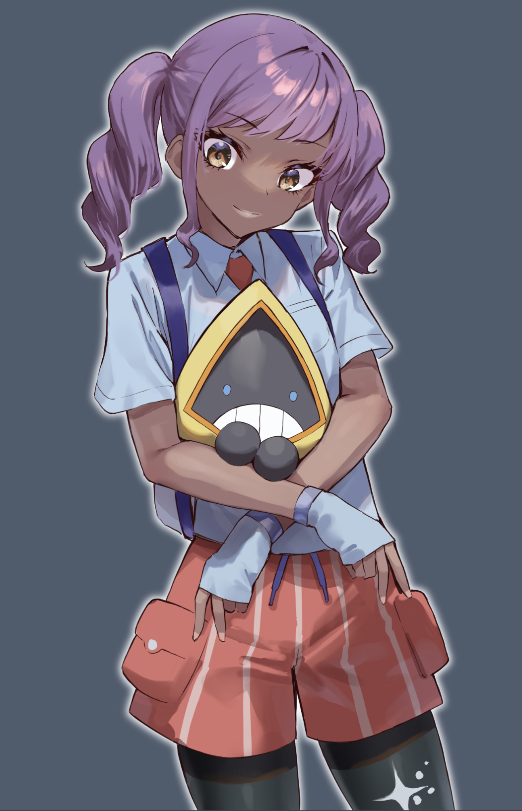 1girl alternate_hair_color alternate_skin_color bangs black_pantyhose breast_pocket brown_eyes closed_mouth collared_shirt commentary_request cowboy_shot dark-skinned_female dark_skin double_v eyelashes fingerless_gloves gloves grey_background highres holding holding_pokemon juliana_(pokemon) looking_down momihige necktie orange_necktie orange_shorts pantyhose pocket pokemon pokemon_(creature) pokemon_(game) pokemon_sv purple_hair shirt short_sleeves shorts smile snorunt twintails v