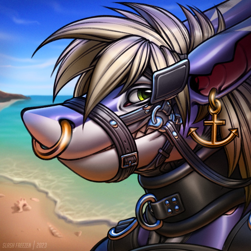 ambiguous_gender anthro bdsm beach black_collar blinders blonde_hair blue_sky bondage bound bust_portrait collar ear_piercing ear_ring eyewear fish glistening glistening_eyes green_eyes hair looking_at_viewer marine muzzle_(object) muzzled outside piercing portrait purple_body ring_piercing seaside shark sky slash_freezen solo thick_collar white_body