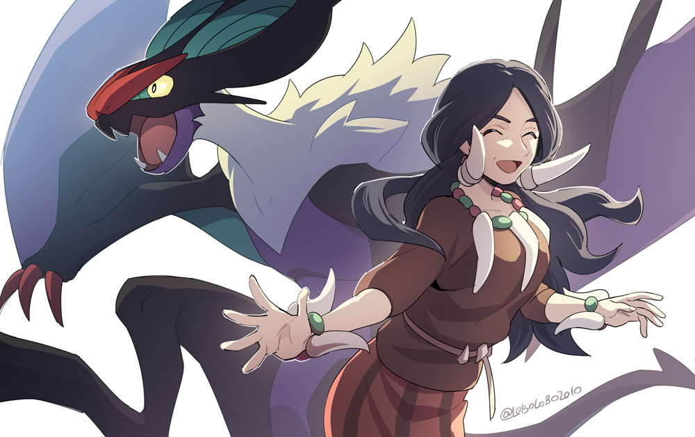 1girl :d bangs beads black_hair bracelet brown_shirt closed_eyes commentary_request drasna_(pokemon) earrings jewelry long_hair momoji_(lobolobo2010) necklace noivern open_mouth parted_bangs pokemon pokemon_(creature) pokemon_(game) pokemon_xy shirt simple_background skirt sleeves_past_elbows smile twitter_username watermark white_background