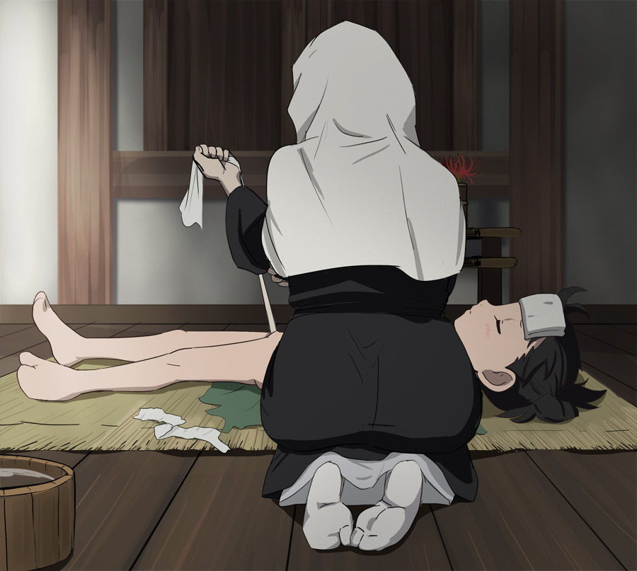 2girls ass bandaged_arm bandages barefoot black_hair closed_eyes closed_mouth clothes_pull dororo_(character) dororo_(tezuka) feet full_body haruyama_kazunori japanese_clothes long_hair lying multiple_girls on_back ponytail