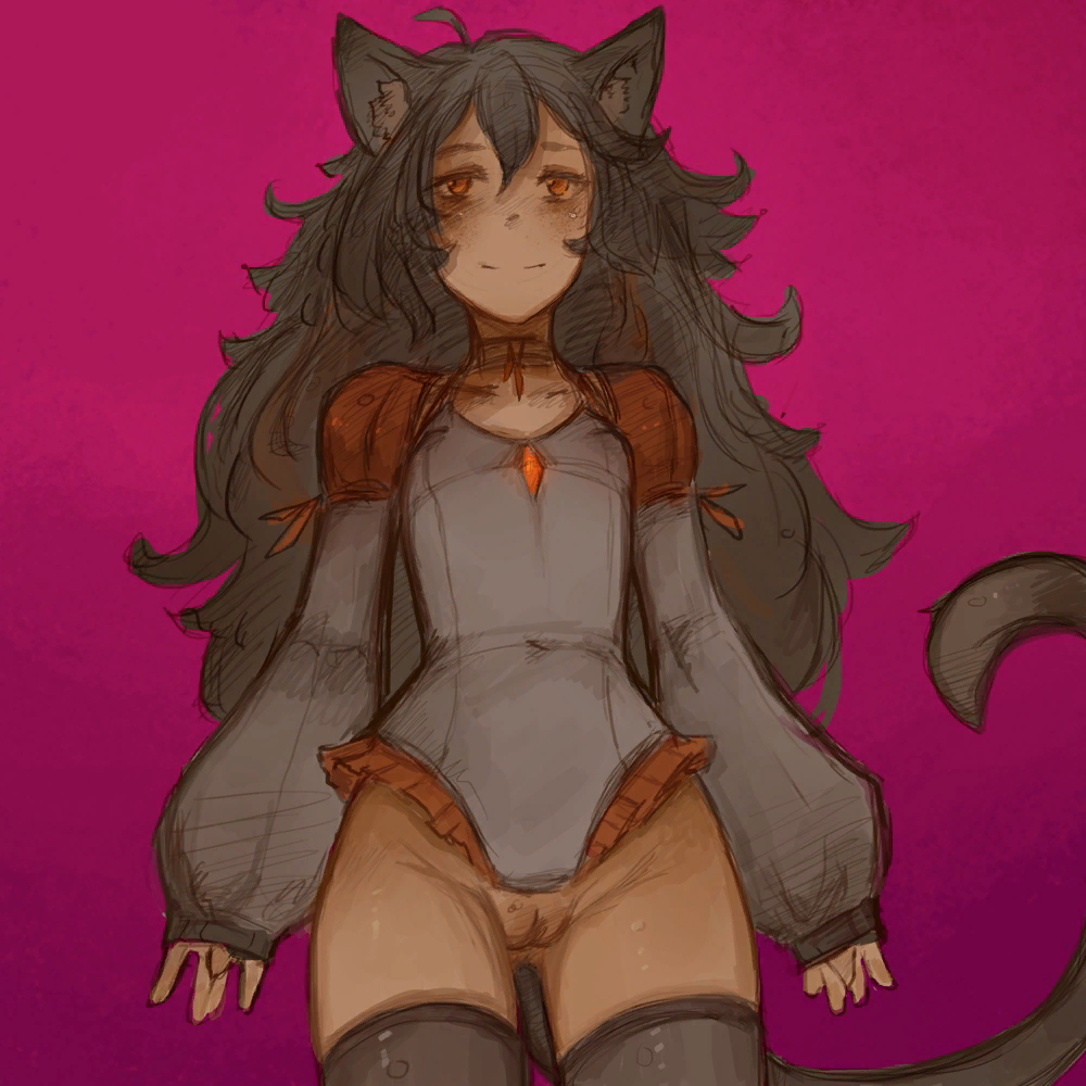 clothed clothing felid feline female genitals humanoid mammal orange_eyes partially_clothed pussy simple_background solo syvaron tail