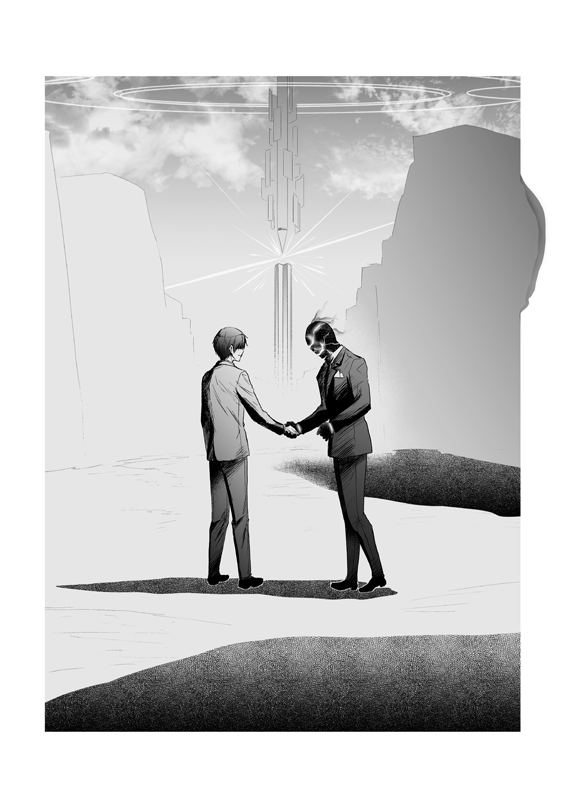 2boys album_cover_redraw black_suit_(blue_archive) blue_archive border derivative_work formal greyscale handshake long_sleeves male_focus mixed-language_commentary mizuki_takehito monochrome multiple_boys outdoors pants pink_floyd pocket_square sensei_(blue_archive) shadow short_hair sky suit white_border wide_shot wish_you_were_here
