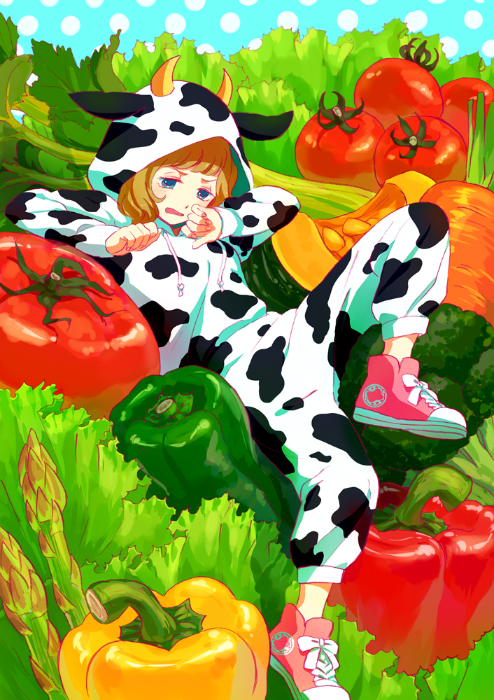 1girl akiyama_enma animal_costume animal_ears animal_print annoyed asparagus bell_pepper blonde_hair blue_eyes broccoli commentary_request cosplay cow_costume cow_horns cow_print fake_animal_ears fake_horns green_pepper hands_up hood hood_up horns kigurumi knee_up leaning_on_object original oversized_food partial_commentary polka_dot polka_dot_background red_pepper shoes sneakers solo tomato yellow_pepper