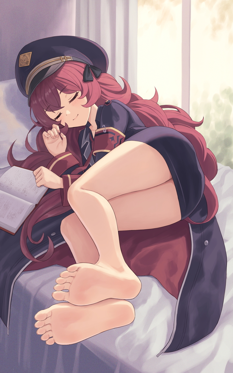1girl armband bare_legs barefoot black_ribbon blue_archive book botan_m closed_eyes feet hat highres iroha_(blue_archive) long_hair lying military_hat on_side open_book red_hair ribbon sleeping soles solo toes