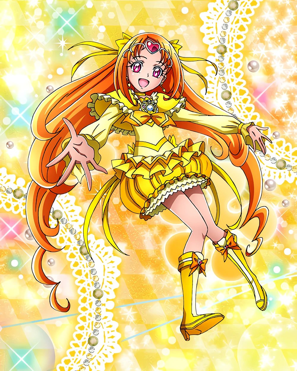1girl bangs boots bubble_skirt choker cure_muse_(yellow) frills highres long_hair long_sleeves neckerchief official_art open_mouth orange_hair parted_bangs pink_eyes precure precure_connection_puzzlun shirabe_ako skirt smile solo suite_precure third-party_source very_long_hair yellow_choker yellow_footwear yellow_neckerchief