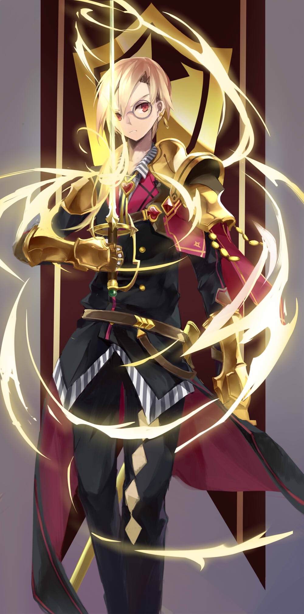 1boy armor belt black_jacket black_pants blonde_hair bolo_tie brown_belt buttons closed_mouth coattails double-breasted erm_(doubledream) feet_out_of_frame fugou_arthur glowing glowing_sword glowing_weapon hair_between_eyes highres holding holding_sword holding_weapon jacket kai-ri-sei_million_arthur long_hair low_ponytail male_focus million_arthur_(series) monocle open_collar pants purple_background red_eyes serious sheath shirt shoulder_armor solo standing striped striped_shirt sword untucked_shirt vambraces vertical-striped_shirt vertical_stripes weapon white_shirt