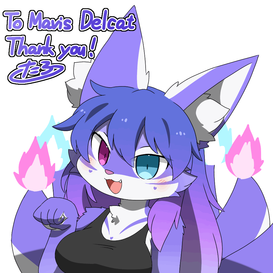 &lt;3 animated anthro blue_hair breasts canid canine clothing colored_fire fangs female fire fox fur gradient_hair green_eyes green_fire hair heart_(marking) heterochromia inner_ear_fluff mammal medium_breasts multi_tail open_mouth pink_fire purple_body purple_eyes purple_fur purple_hair shirt short_playtime solo tail tank_top teeth tongue tontaro topwear tuft vivian_(mavis_delcat) white_body white_fur