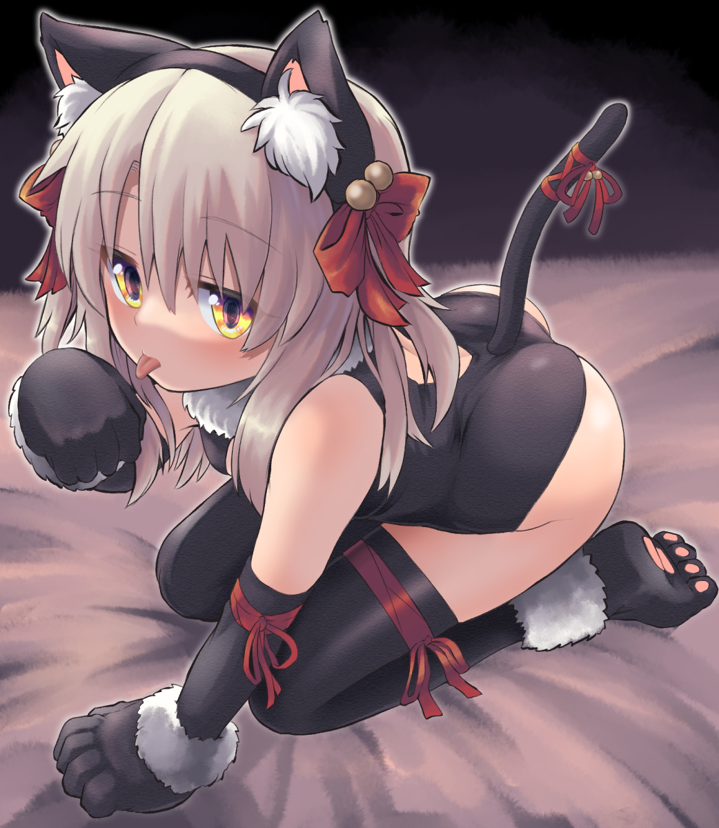 1girl animal_ear_fluff animal_ears animal_hands ass backless_outfit bangs bed_sheet black_footwear black_gloves black_hairband black_leotard black_sleeves black_thighhighs bow brown_hair cat_ears cat_tail commentary_request detached_sleeves fake_animal_ears fate/kaleid_liner_prisma_illya fate_(series) fur-trimmed_gloves fur_trim gloves hair_between_eyes hairband highres illyasviel_von_einzbern leotard long_hair long_sleeves m.m paw_gloves paw_shoes red_bow red_ribbon ribbon shoe_soles solo tail tail_ornament tail_ribbon thighhighs yellow_eyes
