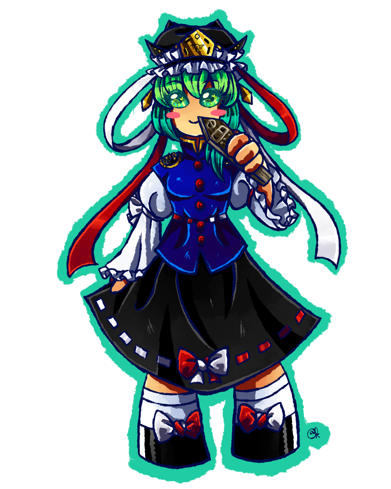 1girl blue_vest bow breasts chibi frilled_hat frills green_eyes green_hair green_headwear green_outline hat outline red_bow renata_greynoria rod_of_remorse shiki_eiki shirt small_breasts touhou transparent_background vest white_bow white_shirt