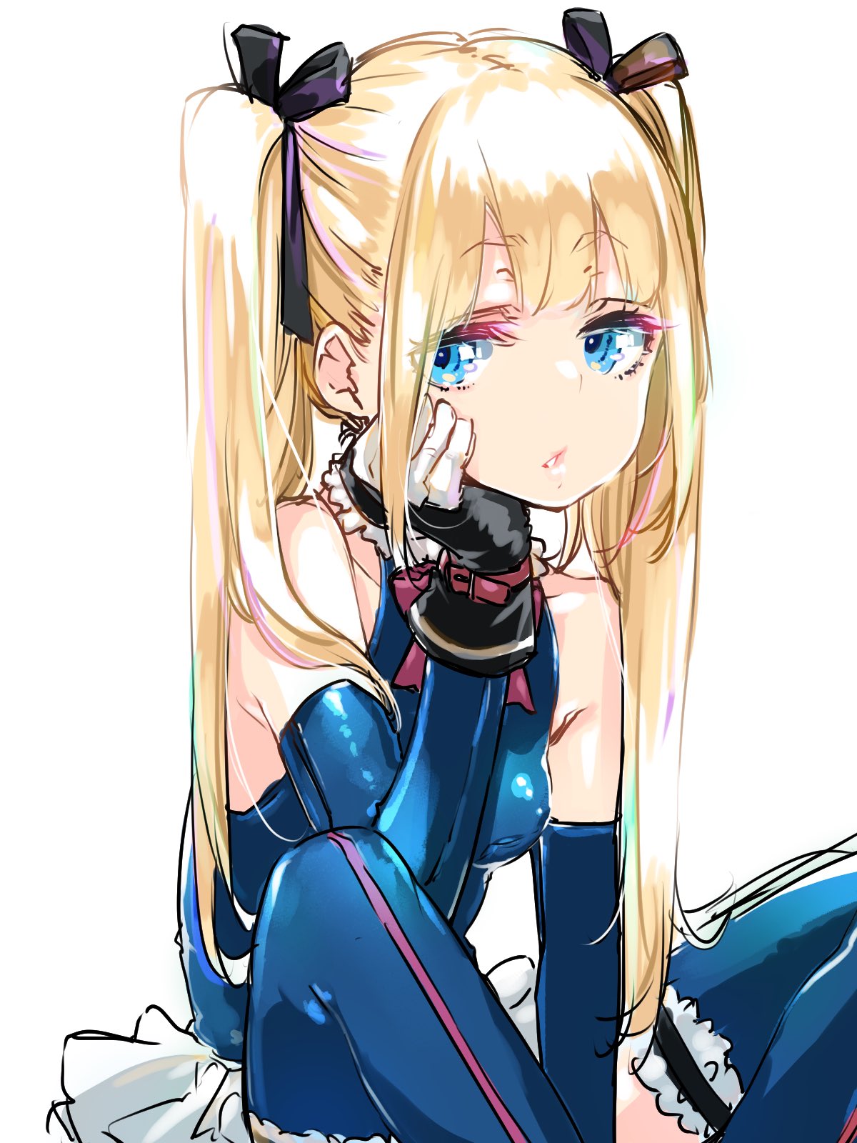 1girl azuma_sawayoshi bangs bare_shoulders black_gloves black_ribbon blonde_hair blue_eyes blue_one-piece_swimsuit blue_sleeves blue_thighhighs blush bow breasts covered_navel dead_or_alive dead_or_alive_5 detached_sleeves frills gloves hair_between_eyes hair_ornament hand_on_own_cheek hand_on_own_face head_rest highres long_hair looking_at_viewer marie_rose marie_rose_(devilish_servant_against_the_splashing_waves) one-piece_swimsuit parted_lips red_bow ribbon signature simple_background sitting skindentation small_breasts smile solo swimsuit thigh_strap thighhighs thighs twintails very_long_hair white_background