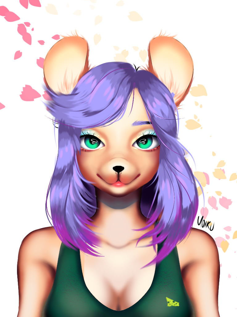 anthro big_ears bra breasts bust_portrait cheese cheese_wedge cleavage clothed clothing dairy_products eyeshadow female food ghostfire gradient_hair green_clothing green_eyes green_eyeshadow hair looking_at_viewer makeup mammal mouse murid murine petals pink_hair portrait purple_hair rodent smile solo sports_bra taffyda_cellosa underwear