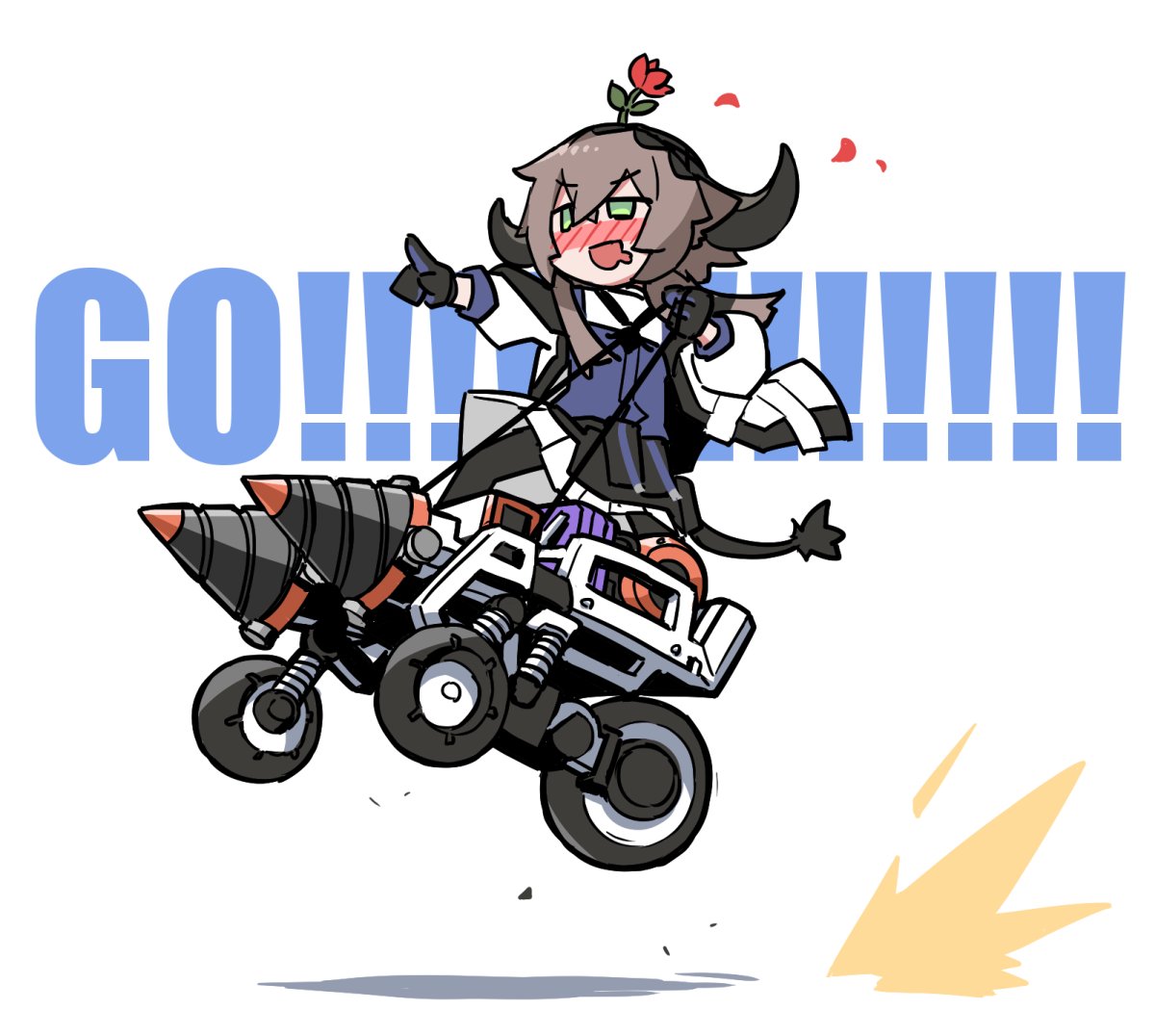 1girl arknights bangs black_gloves black_skirt blue_shirt blush brown_hair chibi commentary_request drill drooling english_text flower flower_on_head full_body gloves green_eyes ground_vehicle horns jacket long_hair motor_vehicle mouth_drool open_mouth outstretched_arm pallas_(arknights) petals pointing raigou riding shirt simple_background skirt solo tail white_background white_jacket