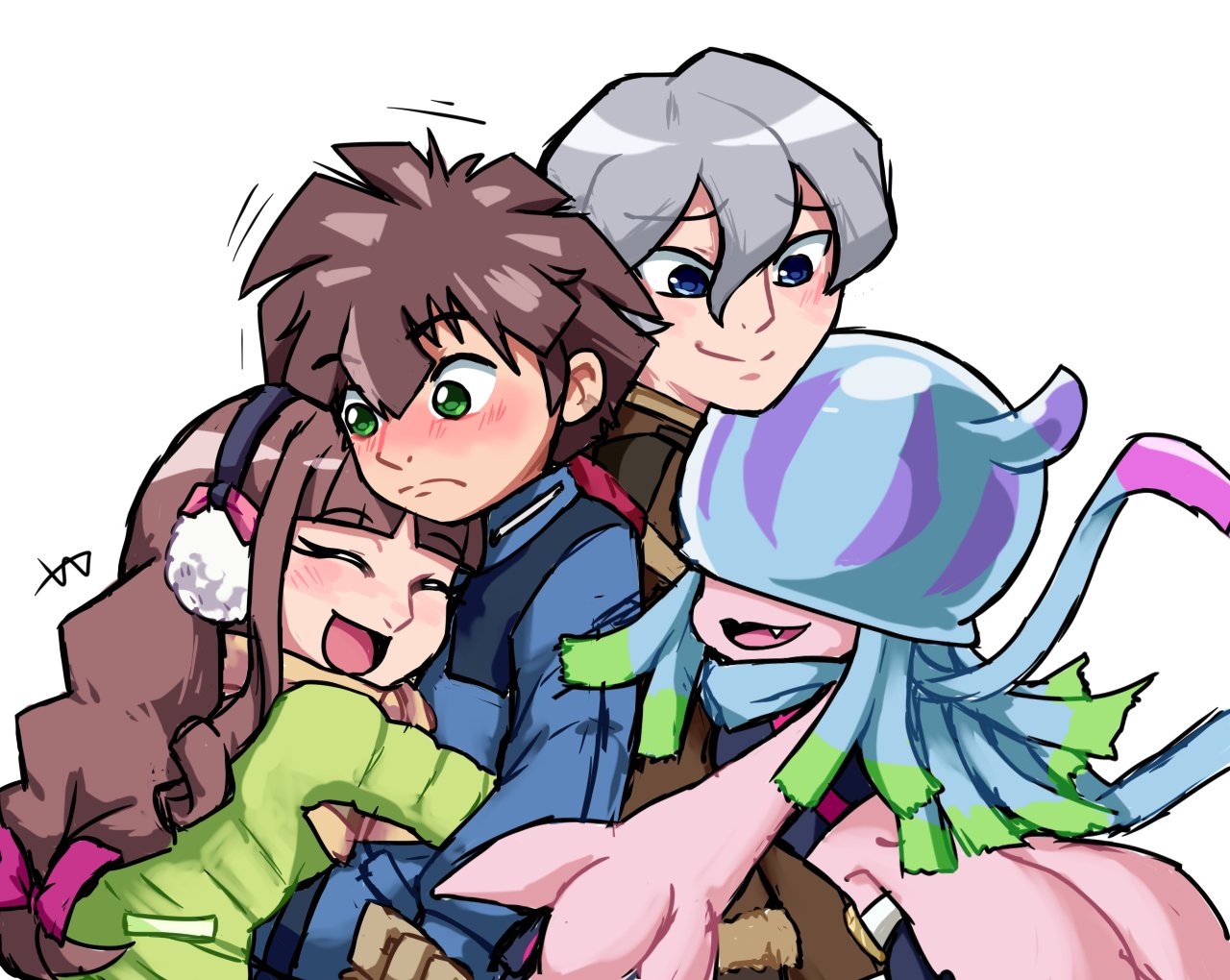 1girl 2boys amanokawa_hiro blue_eyes blush bow brown_hair covered_eyes digimon digimon_(creature) digimon_ghost_game green_eyes grey_hair higashimitarai_kiyoshirou hug la_wuchi long_hair multiple_boys open_mouth shirt short_hair smile teeth teslajellymon tsukiyono_ruli