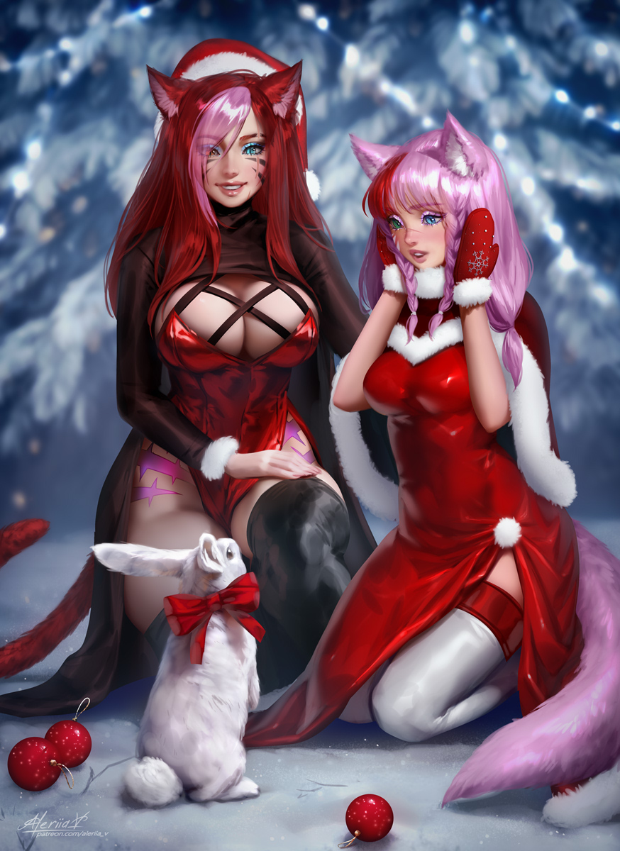 2girls aleriia_v animal_ears artist_name avatar_(ff14) blue_eyes blurry blurry_background bow bowtie braid breasts capelet cat_ears cat_tail christmas christmas_ornaments cleavage english_commentary facial_mark final_fantasy final_fantasy_xiv fur_trim gloves green_eyes grin hand_on_another's_back hand_on_own_thigh heterochromia highres kneeling large_breasts long_hair looking_at_animal medium_breasts miqo'te mittens multicolored_hair multiple_girls open_mouth pelvic_curtain pink_hair rabbit red_bow red_bowtie red_eyes red_hair sabrith_ebonclaw scar scar_on_face scar_on_nose side_slit signature slit_pupils smile snow tail tayelle_ebonclaw teeth thighhighs two-tone_hair upper_teeth_only