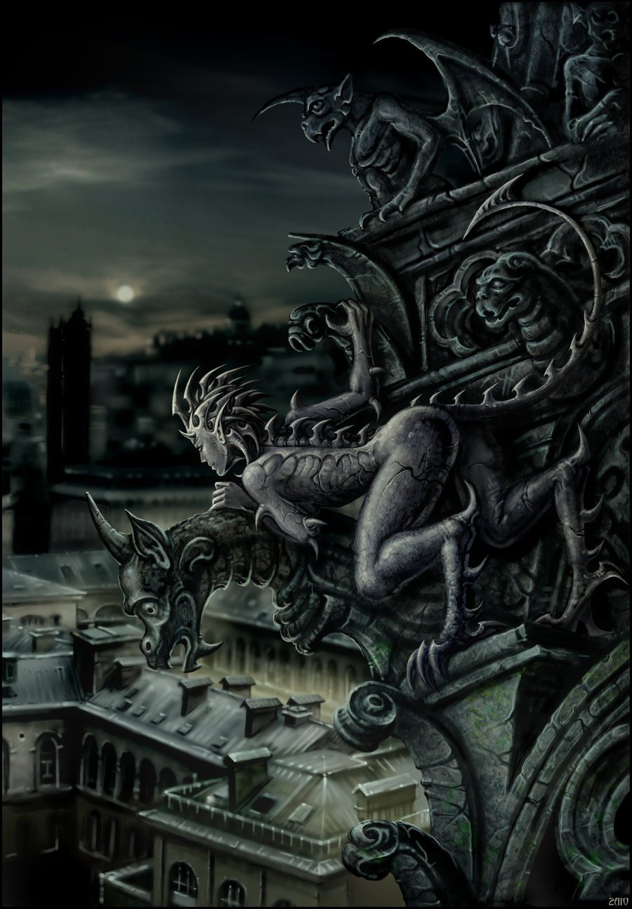 2010 blade bladed_ears blades butt candra city cityscape claws digital_media_(artwork) female gargoyle hi_res humanoid humanoid_pointy_ears night nude rock sculpture solo source_request spikes spines statue tail tail_blade toe_claws weapon_tail