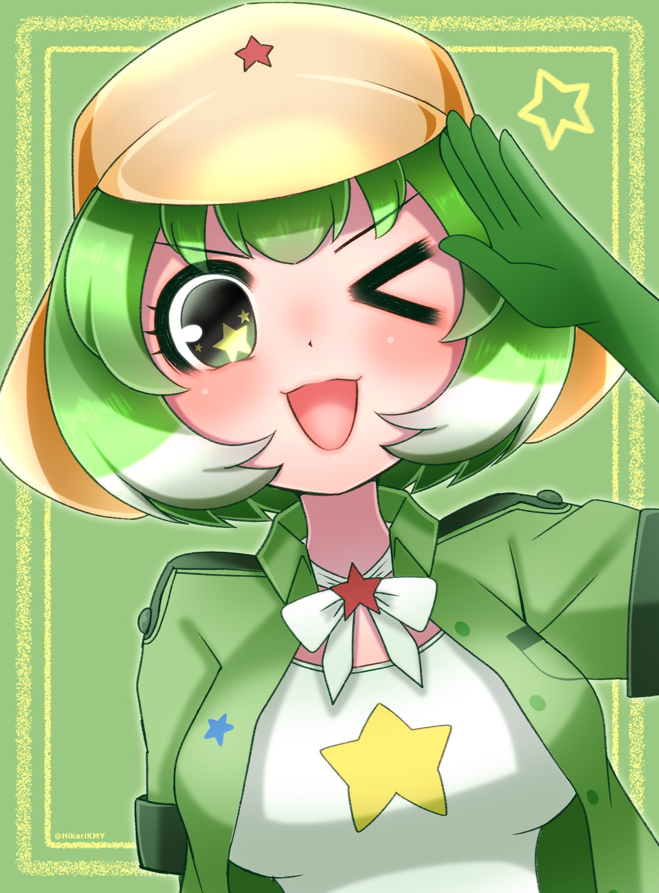 1girl bow bowtie elbow_gloves gloves green_eyes green_hair green_jacket hat highres hikarikmy jacket kemono_friends kemono_friends_3 keroro_(kemono_friends) looking_at_viewer multicolored_hair one_eye_closed open_mouth shirt short_hair simple_background solo star_(symbol) two-tone_hair white_hair
