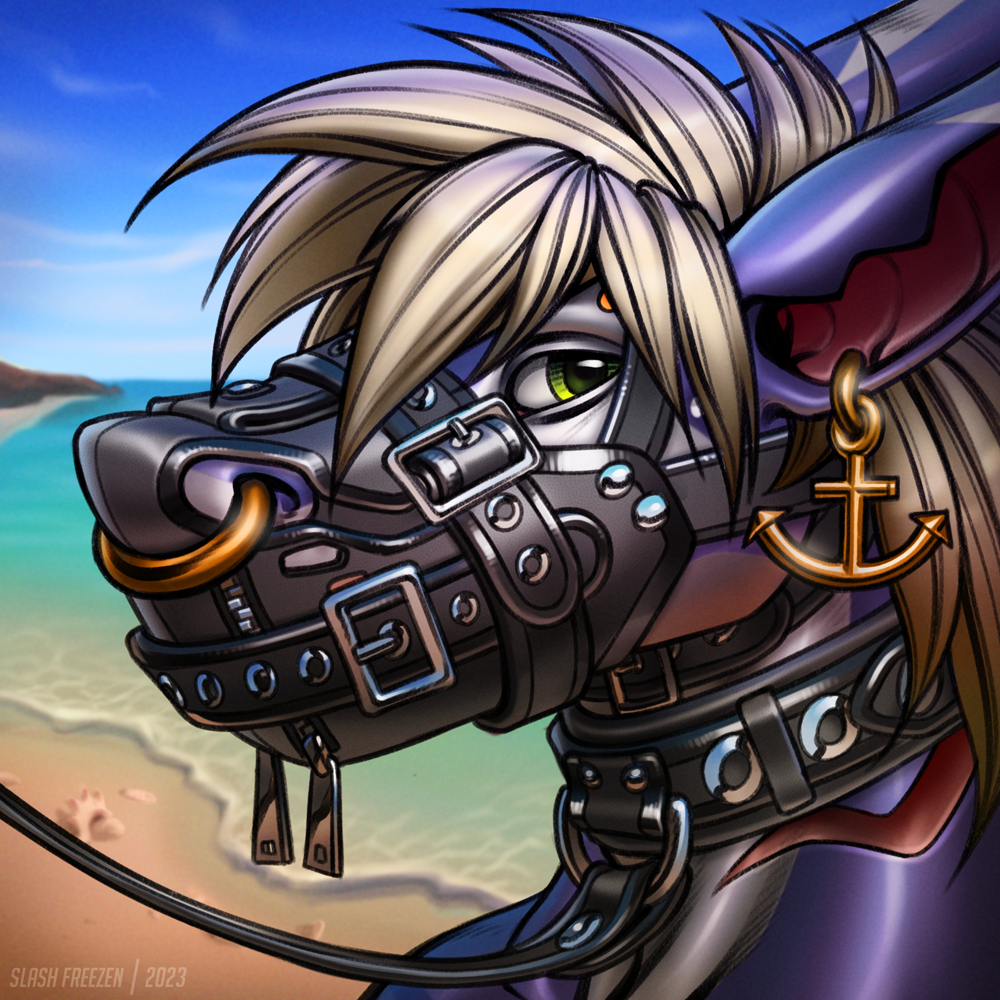 1:1 2023 ambiguous_gender anthro artist_name bdsm beach black_collar black_leash blonde_hair blue_sky bondage bound bust_portrait collar dated ear_piercing ear_ring eyebrow_piercing facial_piercing gills glistening glistening_eyes green_eyes hair leash looking_at_viewer muzzle_(object) muzzled nose_piercing nose_ring outside piercing portrait purple_body ring_piercing seaside septum_piercing septum_ring sky slash_freezen solo white_body