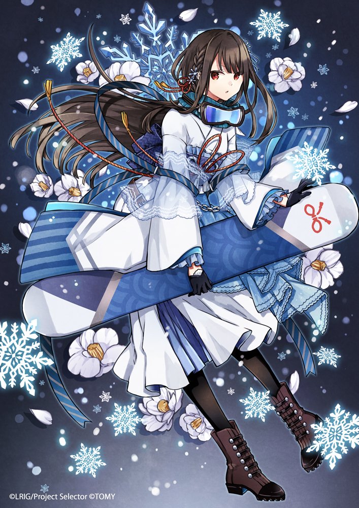 1girl :o bangs black_gloves black_pantyhose blue_background blue_sash blue_scarf boots braid brown_footwear brown_hair buzz camellia copyright flower french_braid frilled_sleeves frills full_body gloves goggles goggles_around_neck gradient_background hair_ornament half_gloves holding holding_snowboard japanese_clothes kimono kimono_skirt long_hair looking_at_viewer obi official_art pantyhose petals pigeon-toed red_eyes rope sash scarf see-through seigaiha snowboard snowflake_hair_ornament snowflakes snowing solo striped tassel white_flower white_kimono wide_sleeves wixoss
