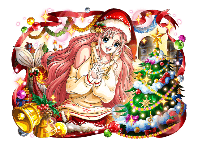 1girl bell blue_eyes blush christmas_sweater christmas_tree hat holly jingle_bell long_hair mermaid monster_girl official_art one_piece one_piece_treasure_cruise open_mouth pink_hair santa_hat shirahoshi sweater teeth upper_teeth_only