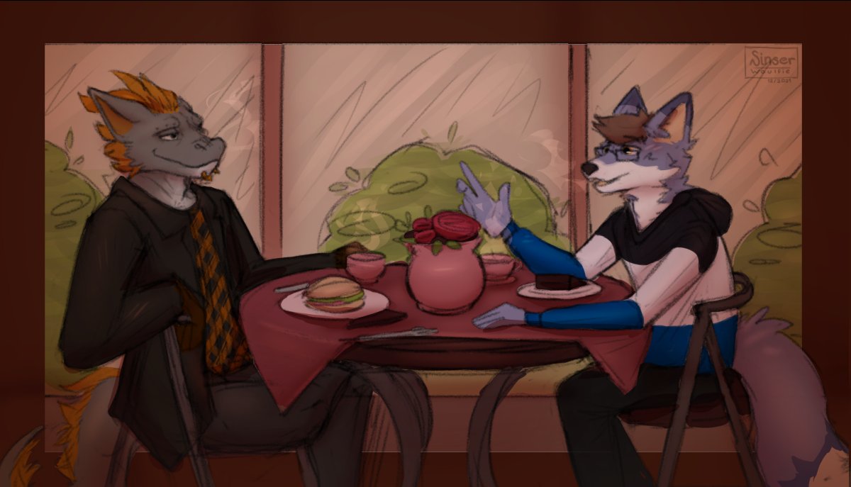 anthro bangs beverage brown_hair cafe cake canid canine chair clothed clothing coffee colored colored_sketch cutlery day dessert dialogue digital_drawing_(artwork) digital_media_(artwork) dragon duo eye_contact flower food fork fox fur furniture grey_body grey_fur hair horn jacket kitchen_utensils knife looking_at_another male male/male mammal open_clothing open_jacket open_mouth open_topwear orange_body orange_fur outside plant romantic romantic_couple sandwich_(food) shaded shrub sinser sketch slice_of_cake smile table talking_to_another tools topwear vase white_body white_fur window