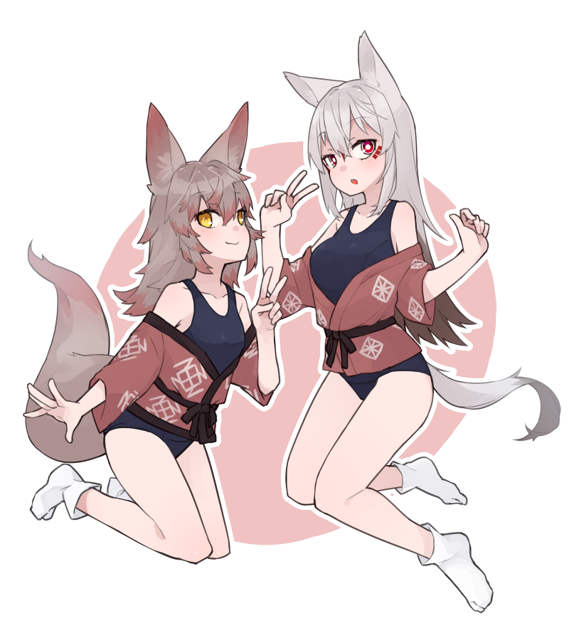 2girls :o animal_ears bangs bare_shoulders black_one-piece_swimsuit breasts brown_hair closed_mouth collarbone commentary_request facial_mark fox_ears fox_girl fox_tail grey_hair hair_between_eyes hand_up hands_up long_hair long_sleeves medium_breasts multiple_girls no_shoes old_school_swimsuit one-piece_swimsuit original outline parted_lips pink_background red_eyes school_swimsuit shako_(syakoba3) small_breasts smile socks swimsuit swimsuit_under_clothes tabi tail two-tone_background v very_long_hair white_background white_outline white_socks yellow_eyes