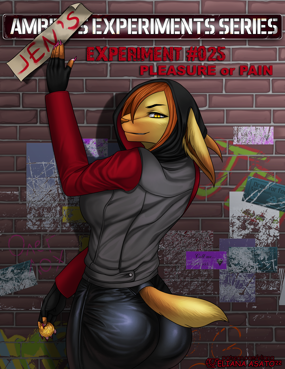 air_(disambiguation) anthro big_ears bottomwear brick_wall butt clothed clothing coin colored_nails comic cover cover_art cover_page digital_media_(artwork) eliana-asato english_text felid feline female fingerless_gloves fur gloves gold_(metal) gold_coin hair handwear hi_res hood hoodie jen_(eliana-asato) leather leather_bottomwear leather_clothing leather_pants long_nails looking_at_viewer lynx mammal nails orange_hair pants pink_nails smile solo standing text topwear view_from_back wall_(structure) yellow_body yellow_eyes yellow_fur