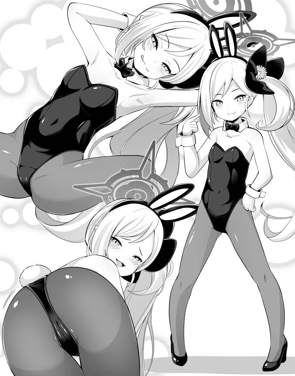 1girl alternate_costume animal_ears ass ass_shake bangs black_leotard black_pantyhose blue_archive breasts cameltoe closed_mouth commentary_request covered_navel detached_collar fake_animal_ears fake_tail garoudo_(kadouhan'i) greyscale halo high_heels highres leotard licking_lips long_hair looking_at_viewer monochrome multiple_views mutsuki_(blue_archive) narrowed_eyes open_mouth pantyhose playboy_bunny presenting rabbit_ears rabbit_tail side_ponytail sidelocks slit_pupils small_breasts smile smug swept_bangs tail tongue tongue_out very_long_hair wrist_cuffs