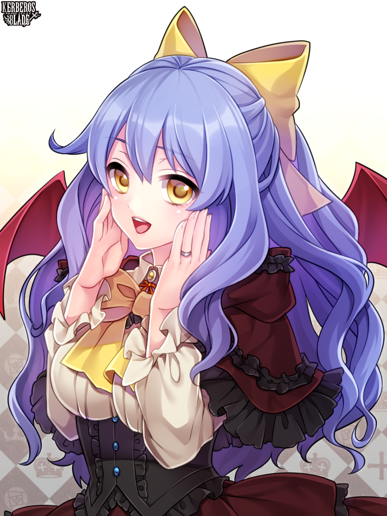 1girl :d blue_hair bow breasts capelet demon_wings eyebrows_visible_through_hair flower frilled_capelet frilled_skirt frills gothic_lolita hair_between_eyes hair_bow jewelry kerberos_blade large_breasts layered_skirt lolita_fashion long_hair long_sleeves looking_at_viewer open_mouth red_capelet red_skirt red_wings ring rose shiny shiny_hair shirt skirt smile solo takamiya_ren very_long_hair white_background white_shirt wings yellow_bow yellow_eyes yellow_neckwear