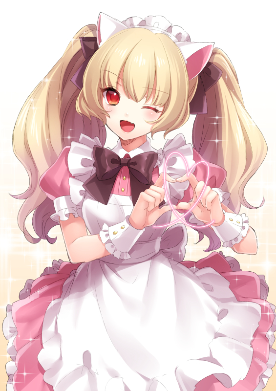 ;d animal_ears apron black_bow black_neckwear blonde_hair bow cat_ears collared_shirt dress_shirt eyebrows_visible_through_hair hair_bow head_tilt heart heart_hands long_hair looking_at_viewer maid maid_headdress multiple_girls one_eye_closed open_mouth pink_shirt pink_skirt red_eyes shiny shiny_hair shirt short_sleeves simple_background skirt smile solo sparkle standing takamiya_ren thousand_memories twintails white_apron white_background