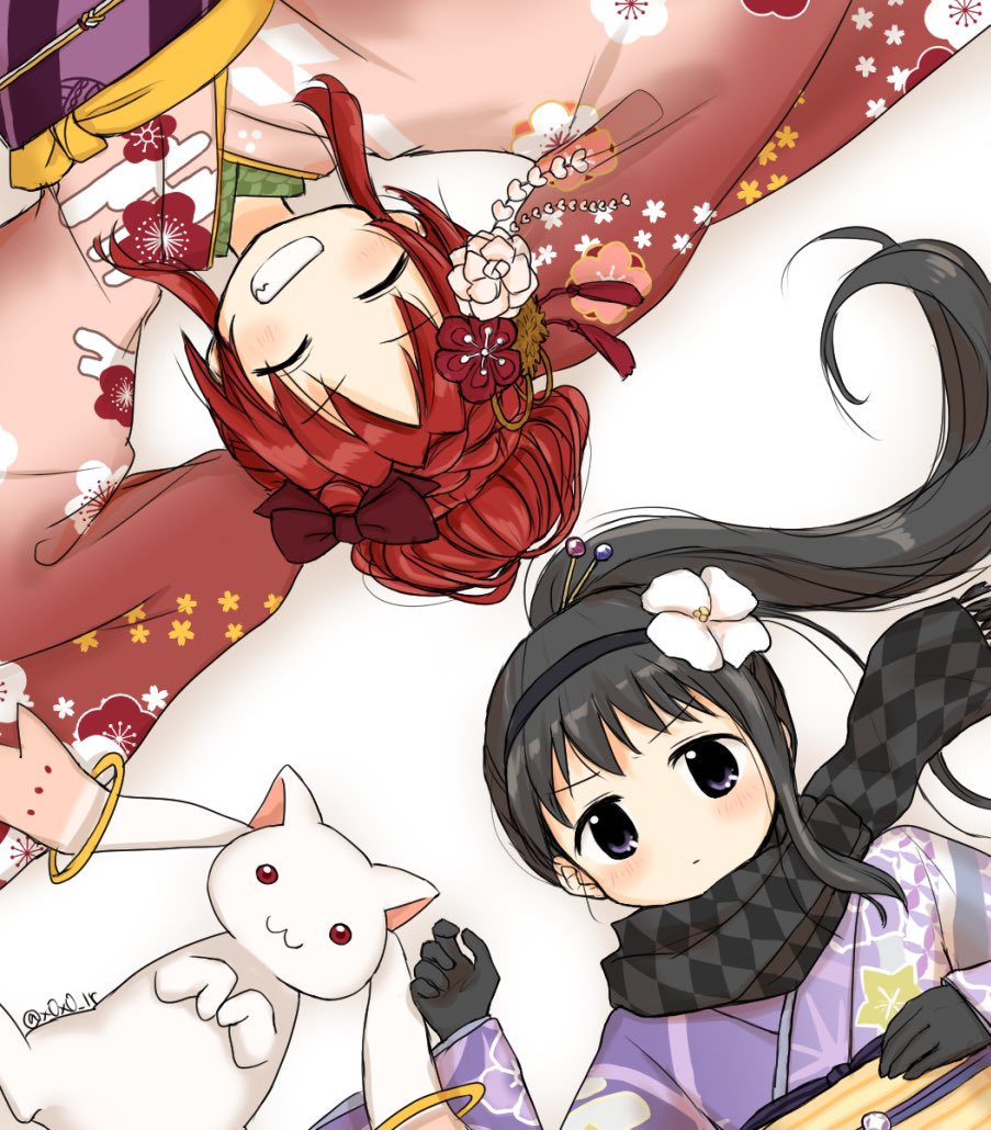 2girls akemi_homura akemi_homura_(haregi_ver.) argyle argyle_scarf bangs black_gloves black_hair black_hairband black_scarf blush braid brown_ribbon closed_eyes closed_mouth crown_braid egasumi floral_print flower furisode gloves grin hair_bun hair_flower hair_ornament hair_ribbon hair_stick hairband han'eri hand_on_own_stomach hand_up japanese_clothes kanzashi kikumon kimono kyubey long_hair long_sleeves looking_at_viewer lying magia_record:_mahou_shoujo_madoka_magica_gaiden mahou_shoujo_madoka_magica multiple_girls no_nose obi obiage obidome obijime official_alternate_costume on_ground outstretched_arms parted_bangs ponytail purple_eyes purple_kimono purple_sash red_flower red_kimono ribbon rioran sakura_kyouko sakura_kyouko_(haregi_costume) sash scarf shippou_(pattern) single_sidelock smile spread_arms striped_sash tassel twitter_username upper_body v-shaped_eyebrows very_long_hair white_background white_flower yagasuri yellow_flower yellow_sash