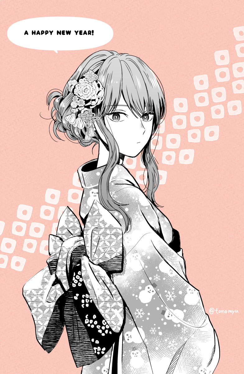 1girl :| alternate_hairstyle bangs braid braided_bun bright_pupils chinese_knot closed_mouth english_text expressionless flower from_behind from_side fuyutsuki_(koori_zokusei_danshi) greyscale_with_colored_background hair_bun hair_flower hair_ornament hair_up happy_new_year highres japanese_clothes kanoko_(pattern) kanzashi kimono koori_zokusei_danshi_to_cool_na_douryou_joshi long_sleeves looking_at_viewer looking_to_the_side new_year obi obiage official_art pink_background print_kimono print_sash sash shippou_(pattern) sidelocks snowflake_print snowman_print solo speech_bubble standing swept_bangs tassel tonogaya tsumami_kanzashi twitter_username upper_body