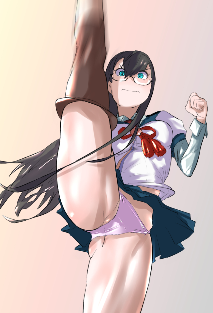 1girl axe_kick black_hair blush glasses green_eyes hairband high_kick kantai_collection kicking leg_up long_hair looking_at_viewer megakura_kinshi ooyodo_(kancolle) panties school_uniform semi-rimless_eyewear serafuku skirt solo split standing standing_on_one_leg standing_split underwear