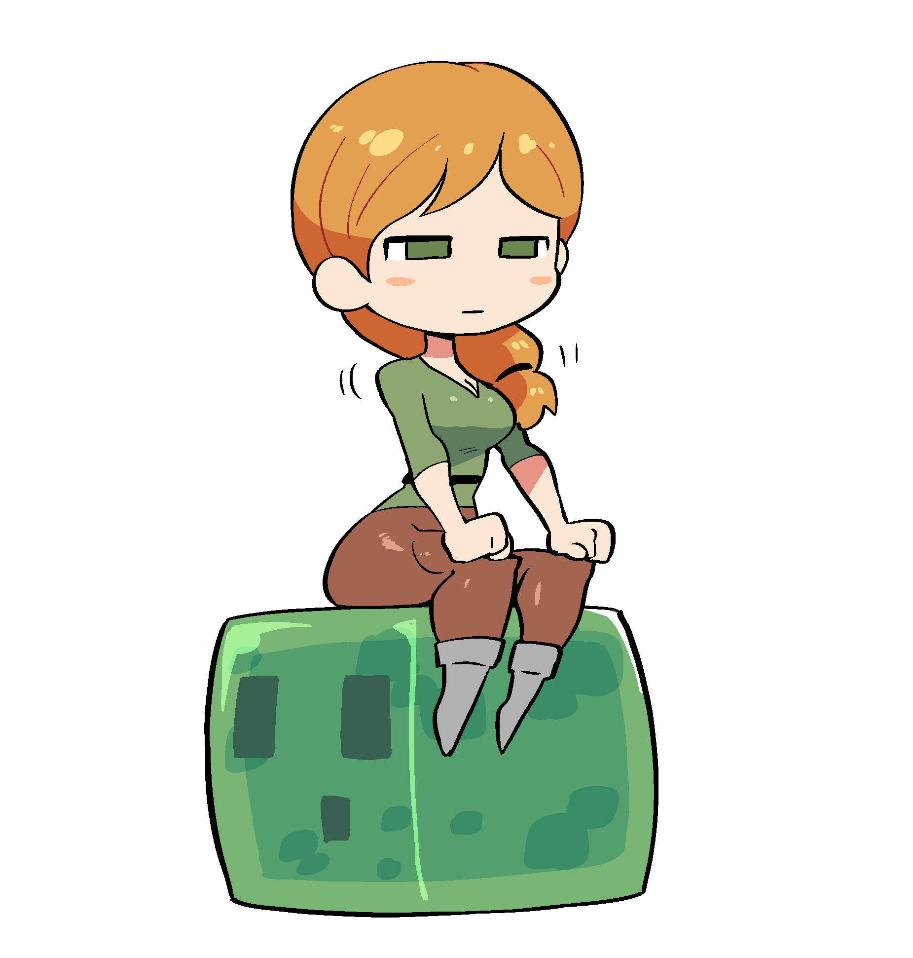 1girl alex_(minecraft) blush_stickers boots brown_pants dildo_reveal green_eyes green_shirt highres implied_penetration long_hair minecraft narrowed_eyes orange_hair pants rariatto_(ganguri) shirt simple_background sitting slime_(minecraft) solo unamused white_background