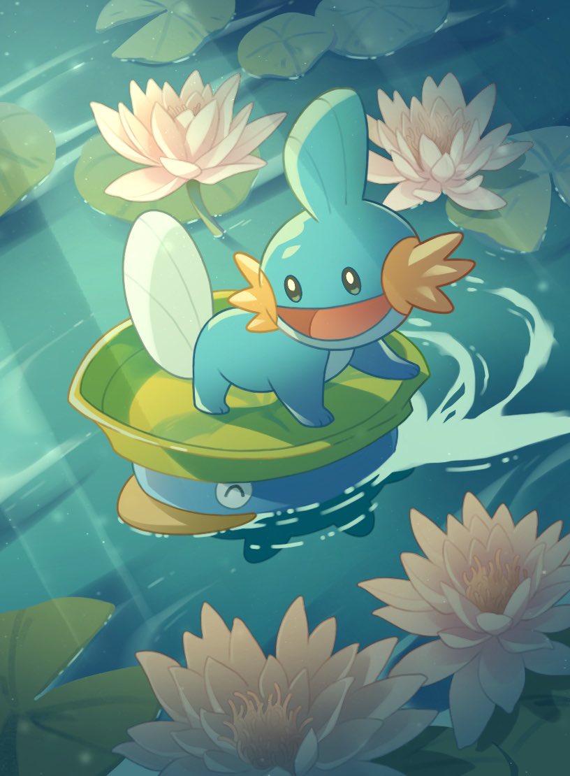 :d bright_pupils commentary deborah_kim flower green_eyes light_rays lily_pad looking_to_the_side lotad mudkip no_humans open_mouth pink_flower pokemon pokemon_(creature) riding riding_pokemon smile standing tongue water white_pupils