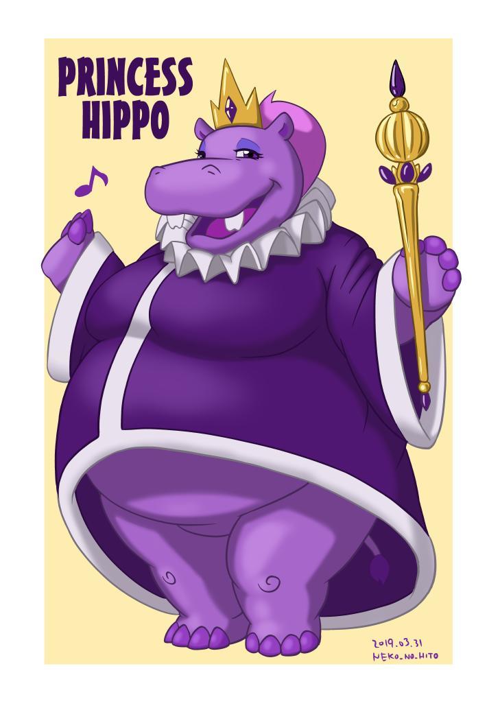 2019 anthro artist_name bottomless bottomless_female breasts chubby_female clothed clothing collar common_hippopotamus dated digital_drawing_(artwork) digital_media_(artwork) female friendship_is_magic full-length_portrait gesture hasbro hippopotamid mammal my_little_pony my_little_pony:_the_movie_(2017) neko_no_hito open_mouth open_smile overweight partial_nudity portrait purple_body purple_eyes purple_skin queen_of_the_hippos_(mlp) scepter smile solo teeth waving