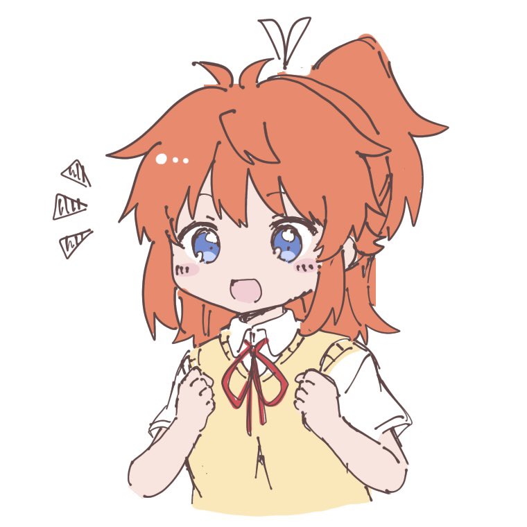 1girl :d asahigaoka_school_uniform bangs blue_eyes blush_stickers collared_shirt commentary_request cropped_torso hair_ribbon hands_up koshigaya_natsumi long_hair neck_ribbon non_non_biyori notice_lines orange_hair ponytail red_ribbon ribbon school_uniform shika_(s1ka) shirt short_sleeves smile solo sweater_vest upper_body white_ribbon white_shirt