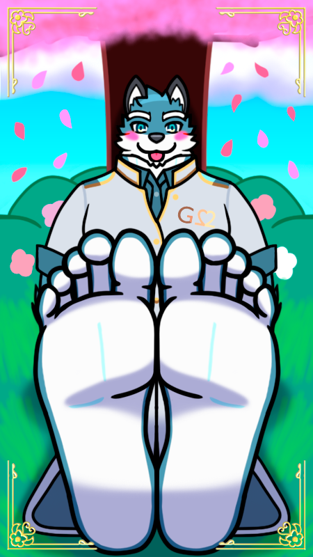 2022 5_toes 9:16 anthro argo_(knights_college) barefoot blue_body blue_fur blush border canid canine canis cherry_blossom clothing cute_expression cute_eyes feet flower foot_focus fur grass gregoriojimenez humanoid_feet knights_college male mammal plant plantigrade school_uniform shrub sitting sitting_on_ground sky smile soles solo spring_(season) student toes tongue tongue_out tree uniform white_body white_fur wolf