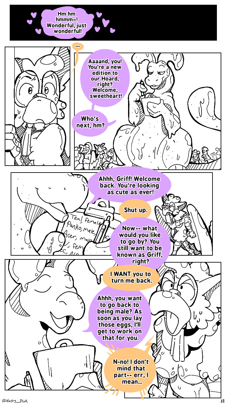 anthro avian breasts comic digital_media_(artwork) duo english_text female feral goo_creature goo_dragon griff_(nasty-pink) gryphon hi_res male mammal monochrome mythological_avian mythology nasty-pink nipples nude open_mouth simple_background smile solo text tongue white_background