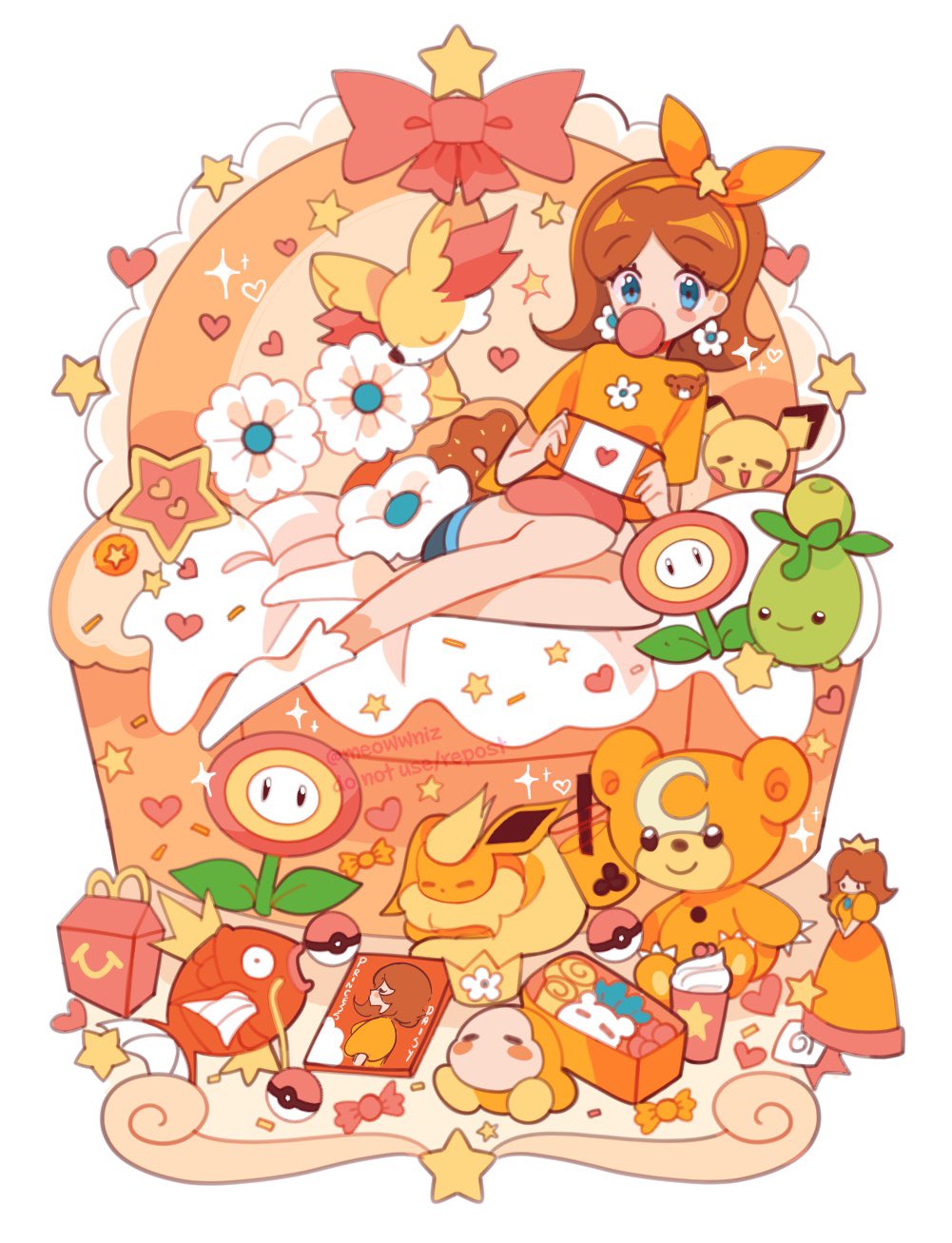 1girl armchair artist_name bangs bento blue_eyes blush blush_stickers bow brown_hair bubble_blowing bubble_tea candy casual chair chewing_gum closed_eyes commentary crown cup doughnut_pillow drink drinking_straw earrings english_commentary eyelashes fennekin figure fire_flower flareon flower flower_earrings food full_body hair_ribbon hairband handheld_game_console hands_up happy_meal heart highres holding holding_handheld_game_console jewelry kirby_(series) looking_at_viewer magikarp mario_(series) mcdonald's medium_hair meowwniz nintendo nintendo_switch on_chair orange_hairband orange_ribbon orange_shirt parted_bangs pichu pillow poke_ball poke_ball_(basic) pokemon pokemon_(creature) princess_daisy print_shirt red_bow ribbon shirt short_shorts short_sleeves shorts smoliv socks sparkle star_(symbol) t-shirt teddiursa twitter_username waddle_dee watermark white_background white_flower white_socks